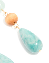 Gold Blue Beaded & Wood Organic Drop Earrings - link has visual effect only