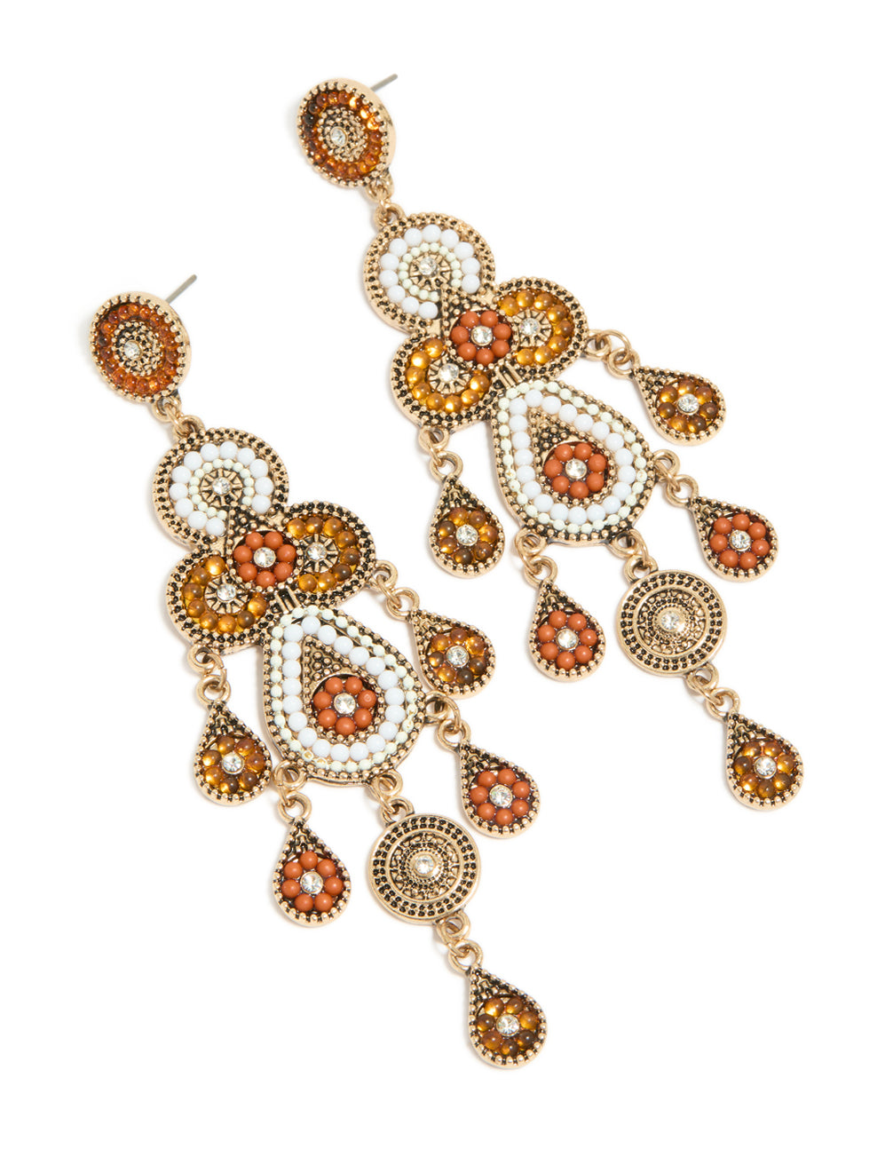 Gold Orange & White Bug Seed Beaded Drop Earrings