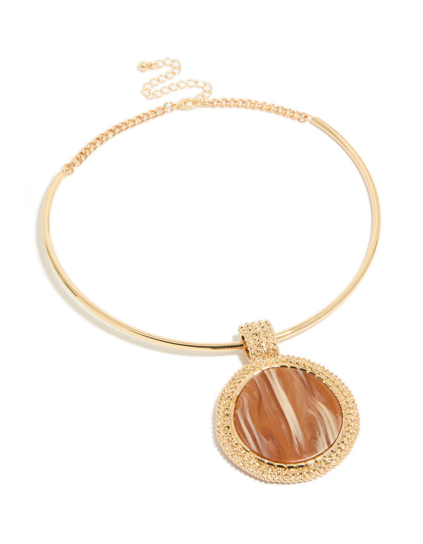 Gold Brown Marbled Stone Torque Pendant Necklace