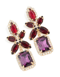 Gold Red & Purple Diamante  Flower Square Drop Earrings - link has visual effect only