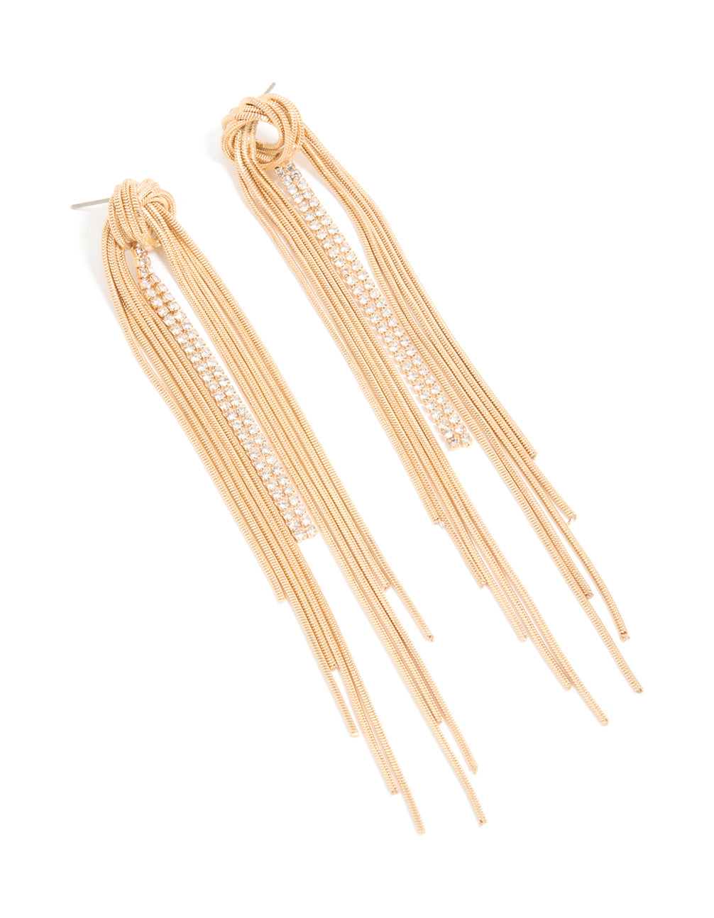 Featuring gold diamante round tassel drop earrings with statement style front
