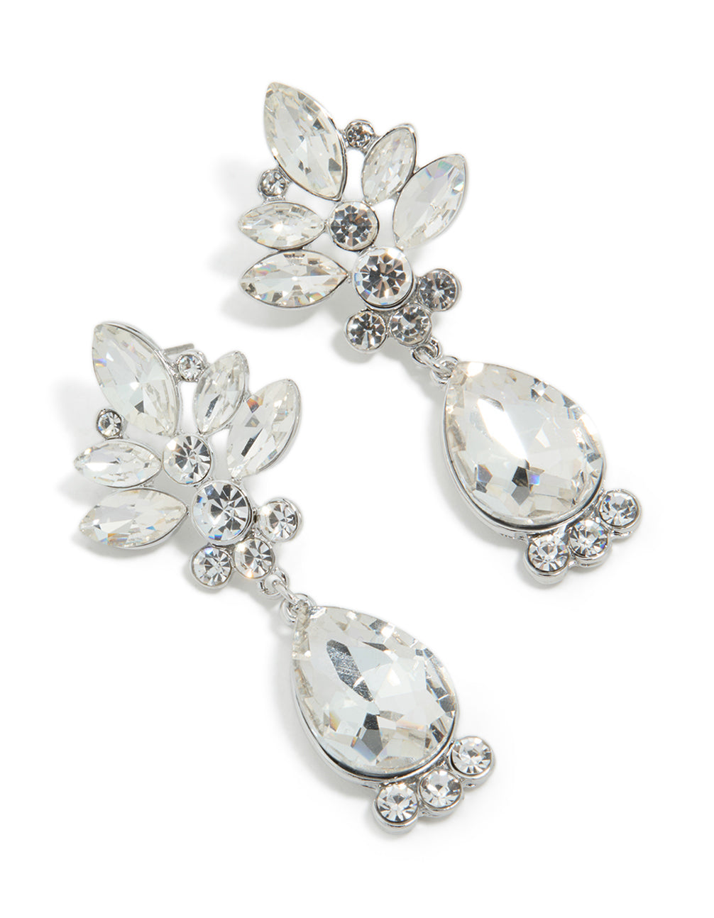 Elegant silver diamante floral and single drop earrings featuring white stones front