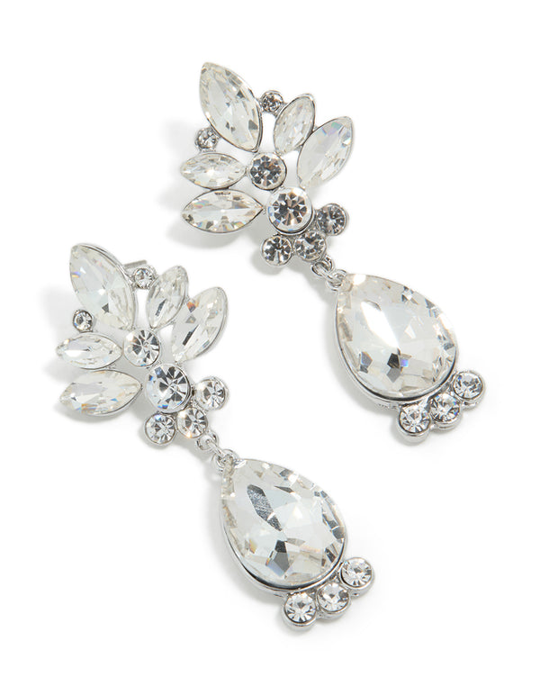Silver Diamante Floral & Single Drop Earrings