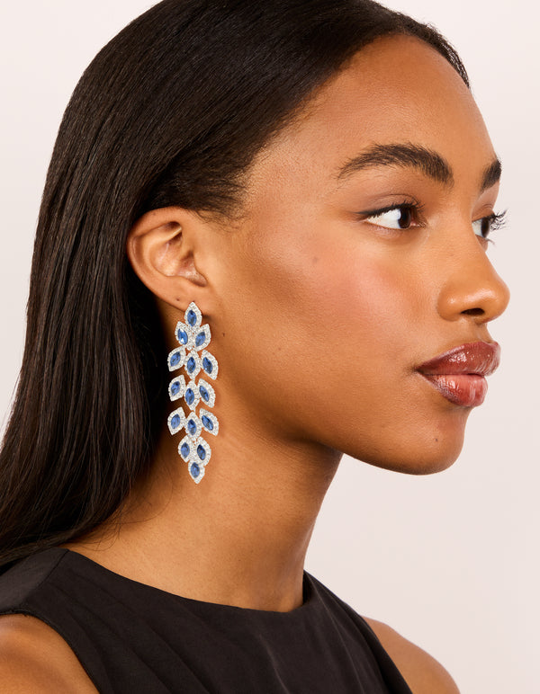 Silver Blue Diamantes Gleaming Pears Drop Earrings