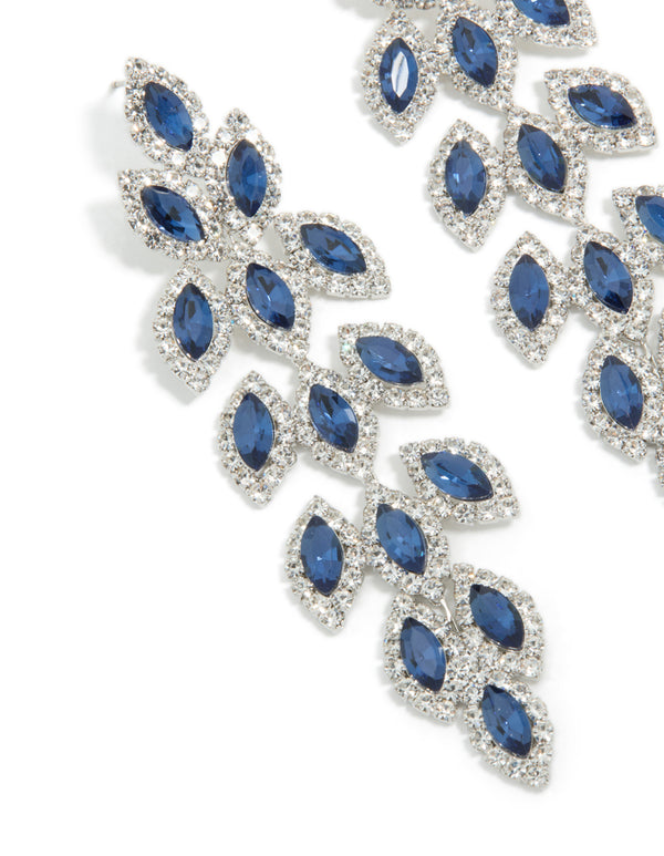 Silver Blue Diamantes Gleaming Pears Drop Earrings