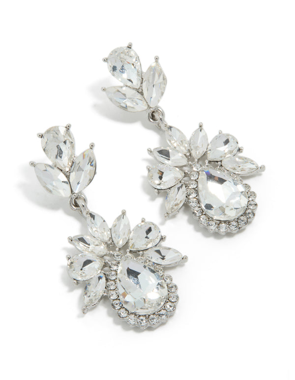 Silver Diamante Mini Floral Drop Earrings