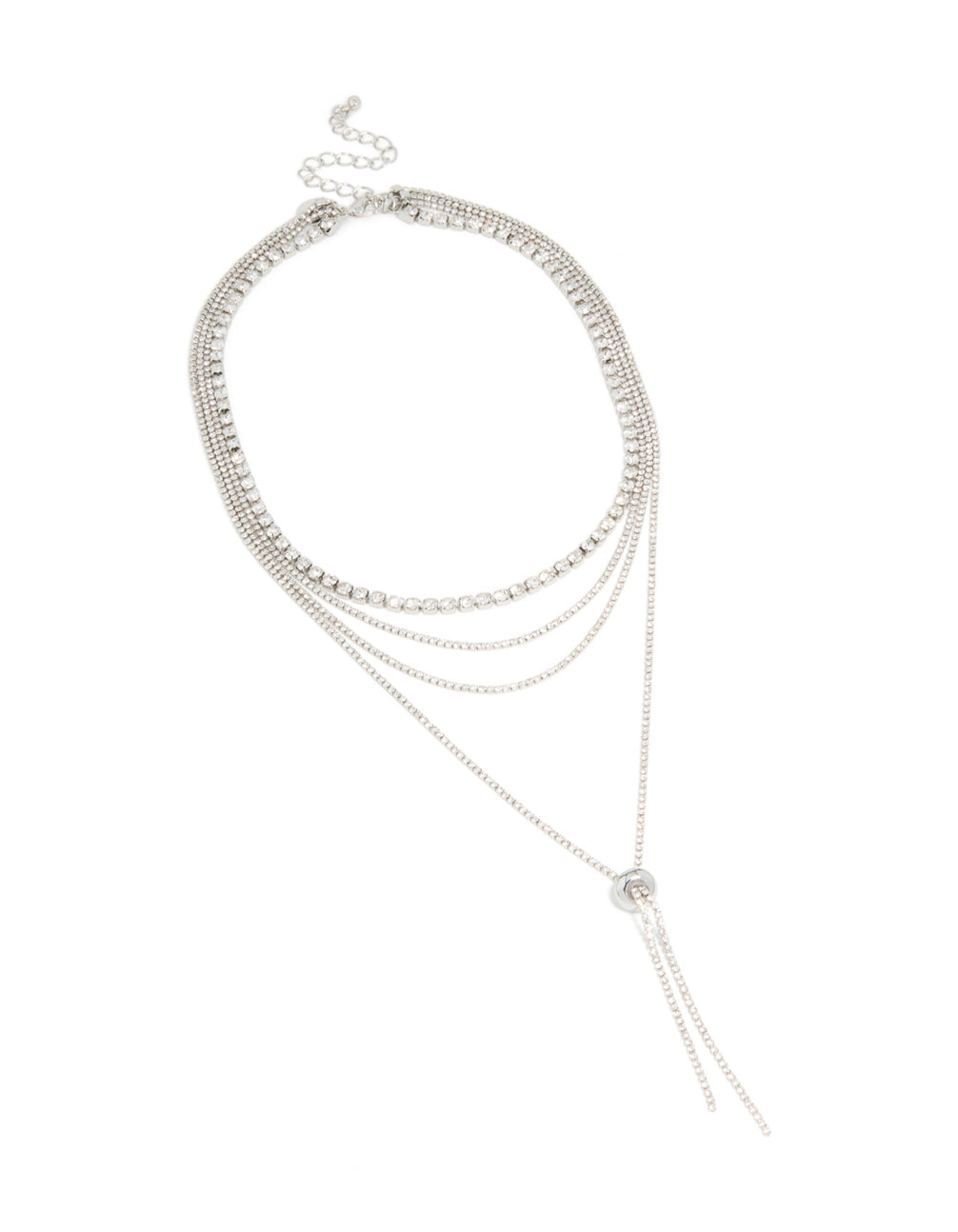 Showcasing a silver diamante tennis and toggle layered necklace with statement design front view