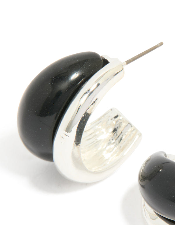 Silver Black Enamel Hoop Earrings