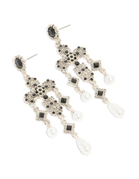 Antique Silver Pearl & Black Stone Textured Cross Drop Earrings - link has visual effect only