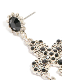 Antique Silver Pearl & Black Stone Textured Cross Drop Earrings - link has visual effect only