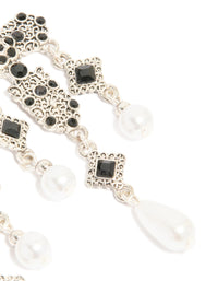 Antique Silver Pearl & Black Stone Textured Cross Drop Earrings - link has visual effect only