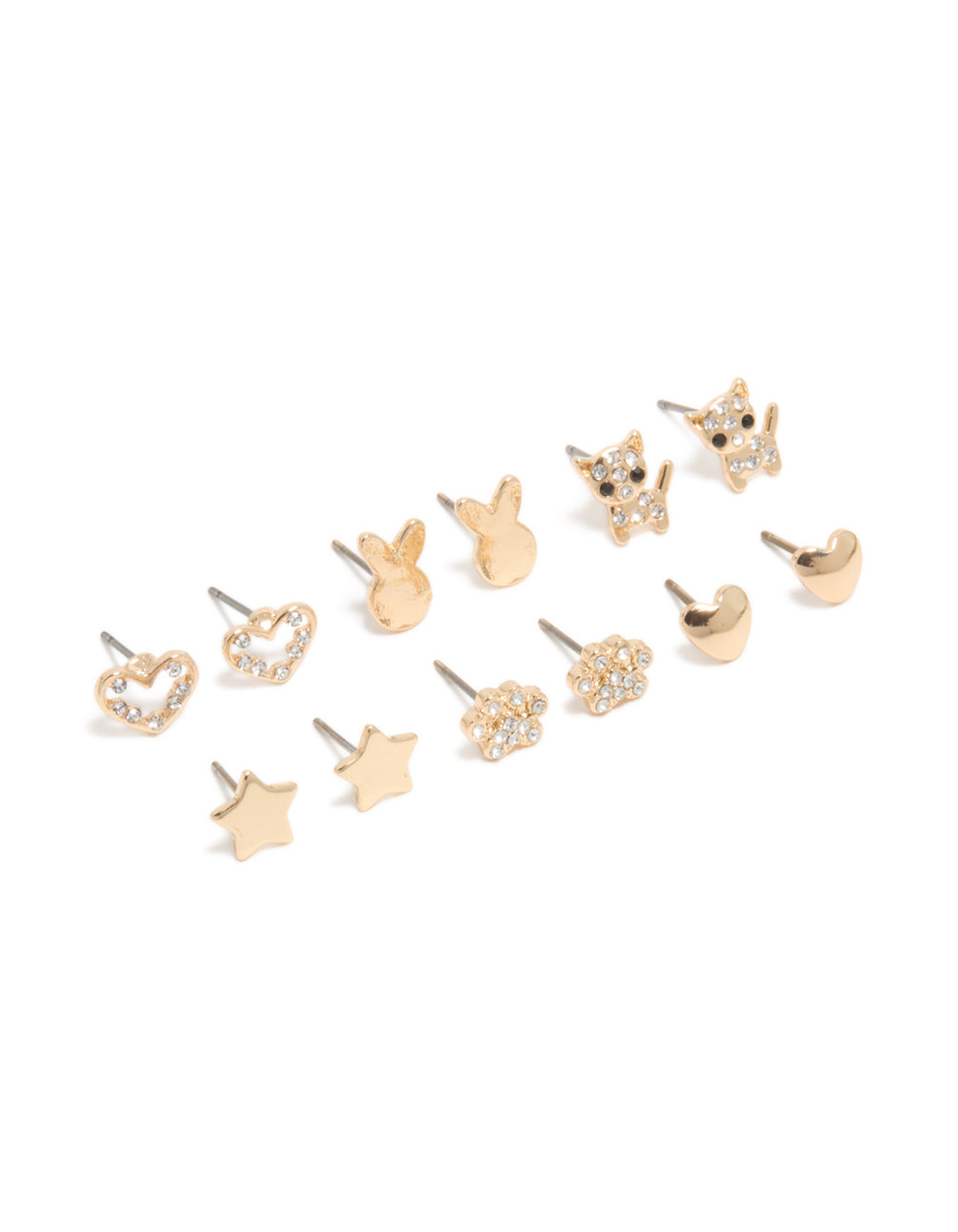 Kids Gold Glitzy Cat & Heart Stud Earrings 6-Pack