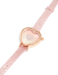 Kids Pink Glitter PU Leather Heart Watch - link has visual effect only