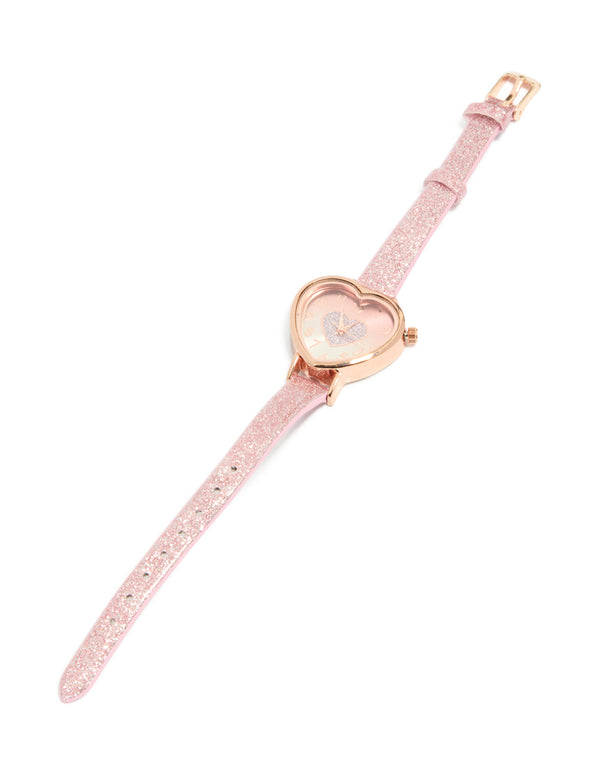 Kids Pink Glitter PU Leather Heart Watch