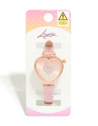 Kids Pink Glitter PU Leather Heart Watch - link has visual effect only