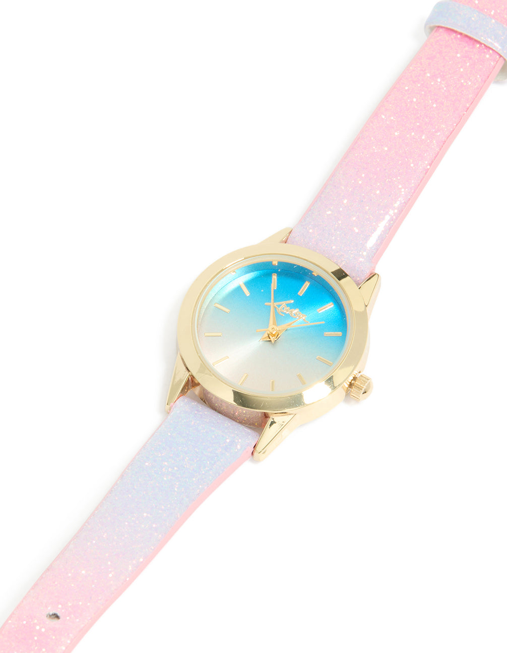 Featuring a kids’ pink and purple ombre PU leather mini watch with a glitter finish, blue dial, round case, and analog designed for women’s casual wear case detail view