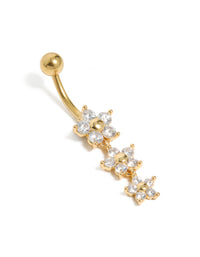 Gold Plated Surgical Steel Cubic Zirconia 3 Flower Drop Belly Bar - link has visual effect only