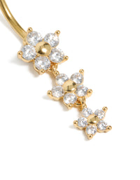 Gold Plated Surgical Steel Cubic Zirconia 3 Flower Drop Belly Bar - link has visual effect only
