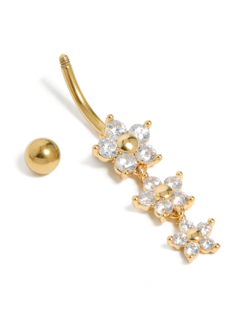 Designed with gold plated surgical steel and cubic zirconia, this 3 flower drop belly bar features a ball closure detail view