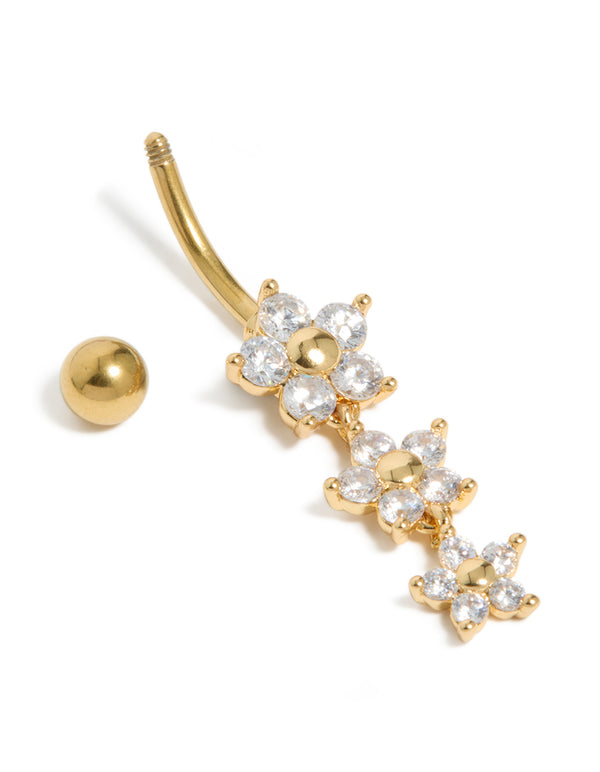 Gold Plated Surgical Steel Cubic Zirconia 3 Flower Drop Belly Bar