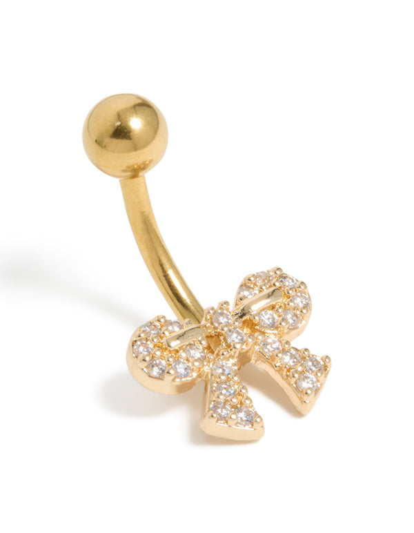 Showcasing a bow belly bar with cubic zirconia pavé, crafted from gold plated surgical steel design front view