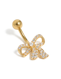 Gold plated surgical steel belly bar featuring a bow with cubic zirconia pavé front view - link has visual effect only