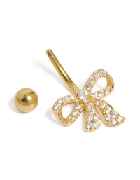Surgical steel belly bar crafted from gold plated material with bow and cubic zirconia pavé detail view - link has visual effect only