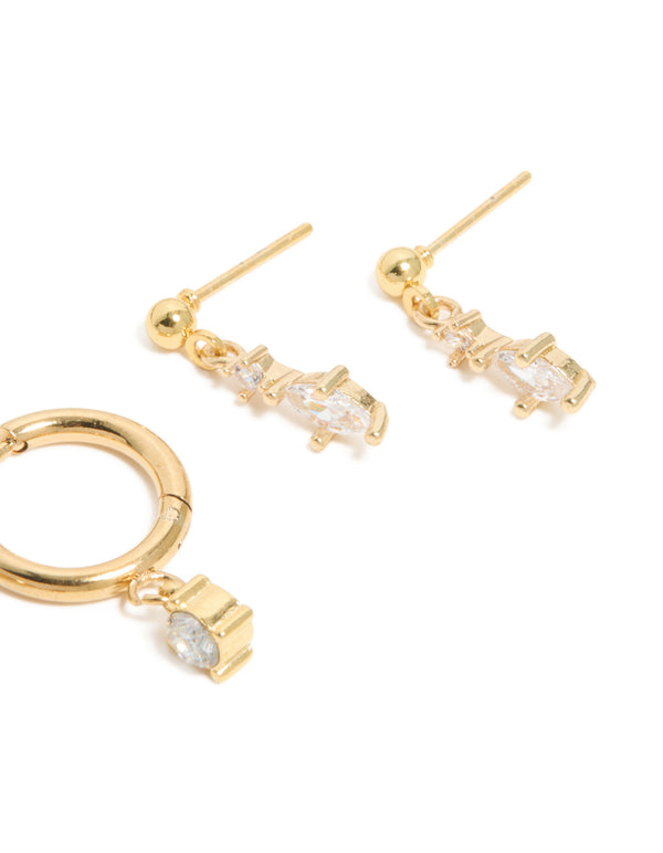 Waterproof Gold Plated Stainless Steel Cubic Zirconia  Huggie & Drop Earrings 2-Pack