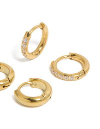 Waterproof Gold Plated Stainless Steel  Cubic Zirconia Pavé & Plain Huggie Earrings 2-Pack - link has visual effect only