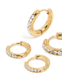 Waterproof Gold Plated Stainless Steel Cubic Zirconia Huggie Earrings 2-Pack - link has visual effect only