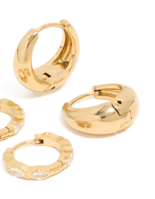 Waterproof Gold Plated Stainless Steel Chunky Oval Cubic Zirconia Clicker Earrings 2-Pack