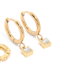 Waterproof Gold Plated Stainless Steel Bezel Diamante Huggie Earrings 2-Pack - link has visual effect only