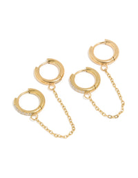 Waterproof Gold Plated Stainless Steel Cubic Zirconia Chain Link Huggie Earrings 2-Pack - link has visual effect only