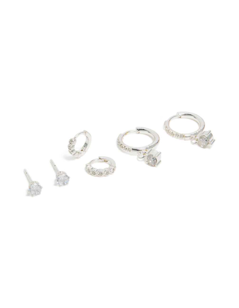 Elegant waterproof stainless steel cubic zirconia stud and huggie earrings 3-pack featuring charm in silver white front