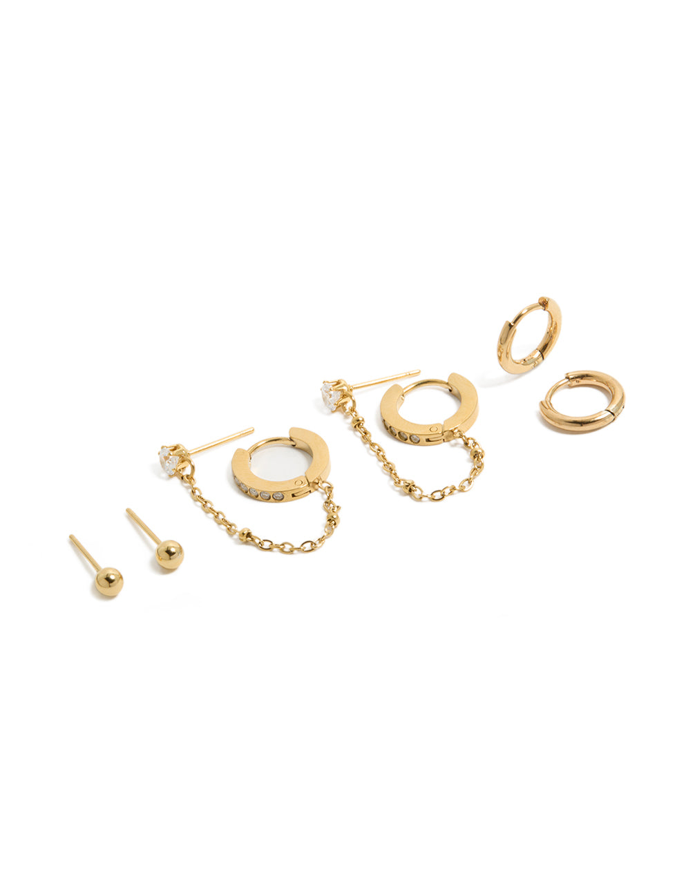 Showcasing waterproof gold plated stainless steel studs and chain earrings 4-pack featuring charm details with cubic zirconia, huggie closures in white front view