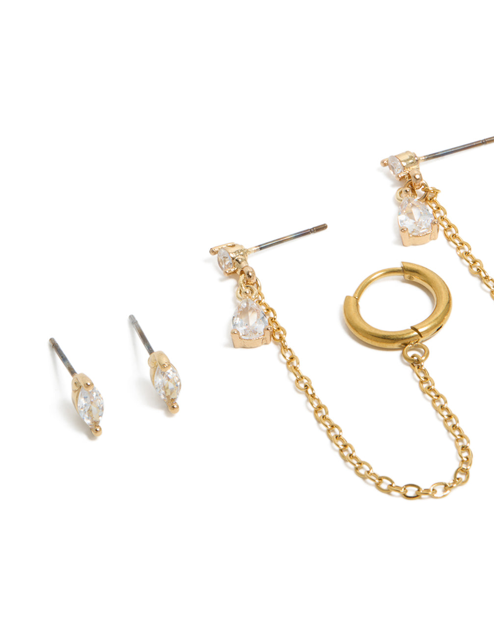Highlighting waterproof gold plated stainless steel mixed cubic zirconia stud earrings 2-pack with marquise stone cut featuring huggie closure in gold close up view