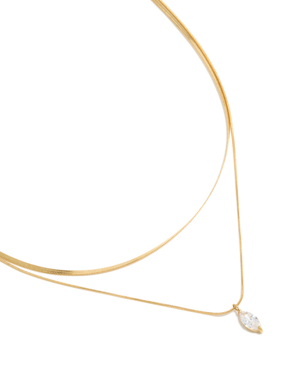 Waterproof Gold Plated Stainless Steel Marquise Cubic Zirconia Layered  Necklace