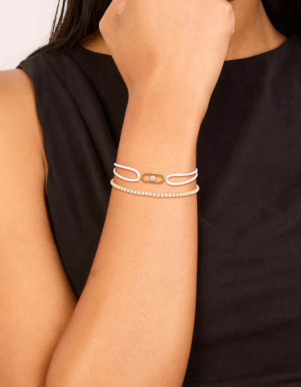 Waterproof Gold Plated Stainless Steel Cubic Zirconia Tennis & White Cord Bracelet Set