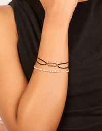Waterproof Gold Plated Stainless Steel Cubic Zirconia & Black Cord Tennis Bracelet Set - link has visual effect only