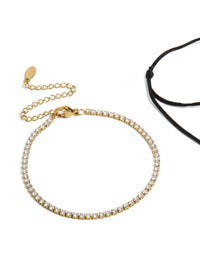 Waterproof Gold Plated Stainless Steel Cubic Zirconia & Black Cord Tennis Bracelet Set - link has visual effect only