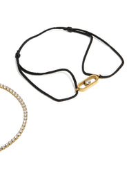 Waterproof Gold Plated Stainless Steel Cubic Zirconia & Black Cord Tennis Bracelet Set - link has visual effect only
