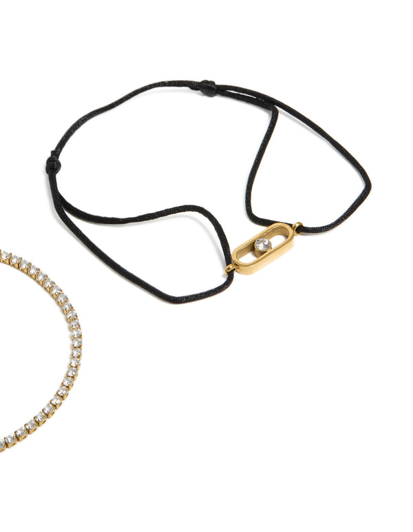 Waterproof Gold Plated Stainless Steel Cubic Zirconia & Black Cord Tennis Bracelet Set