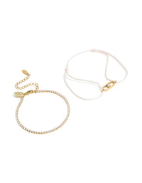 Waterproof Gold Plated Stainless Steel Cubic Zirconia & Pink Cord Tennis Bracelet Set - link has visual effect only