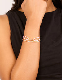 Waterproof Gold Plated Stainless Steel Cubic Zirconia & Pink Cord Tennis Bracelet Set - link has visual effect only