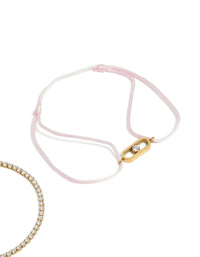 Waterproof Gold Plated Stainless Steel Cubic Zirconia & Pink Cord Tennis Bracelet Set - link has visual effect only