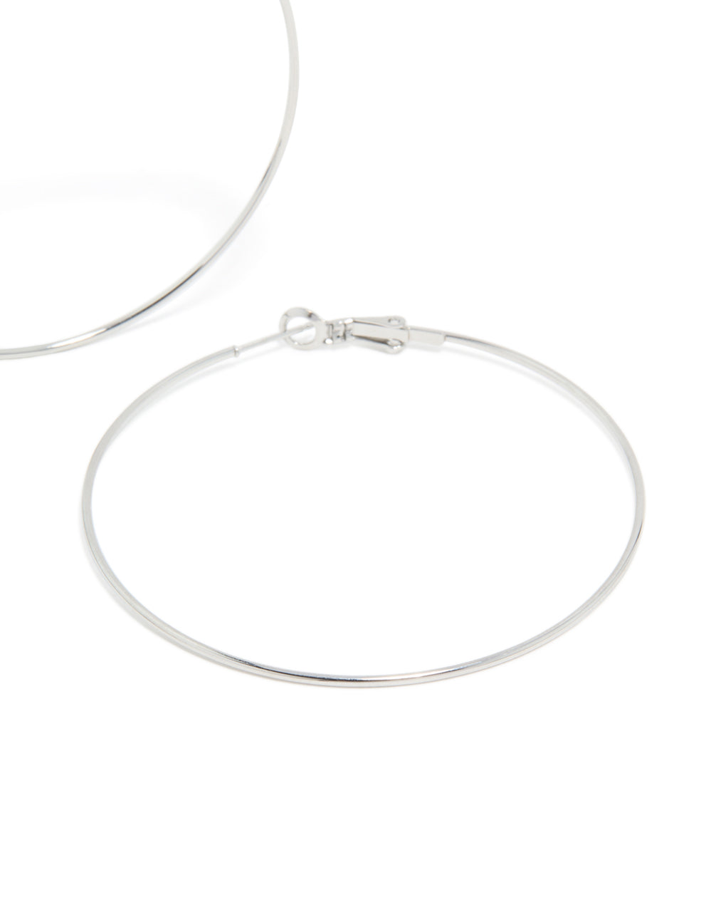 Presenting surgical steel fine hoop earrings in 60 MM with silver finish post detail view