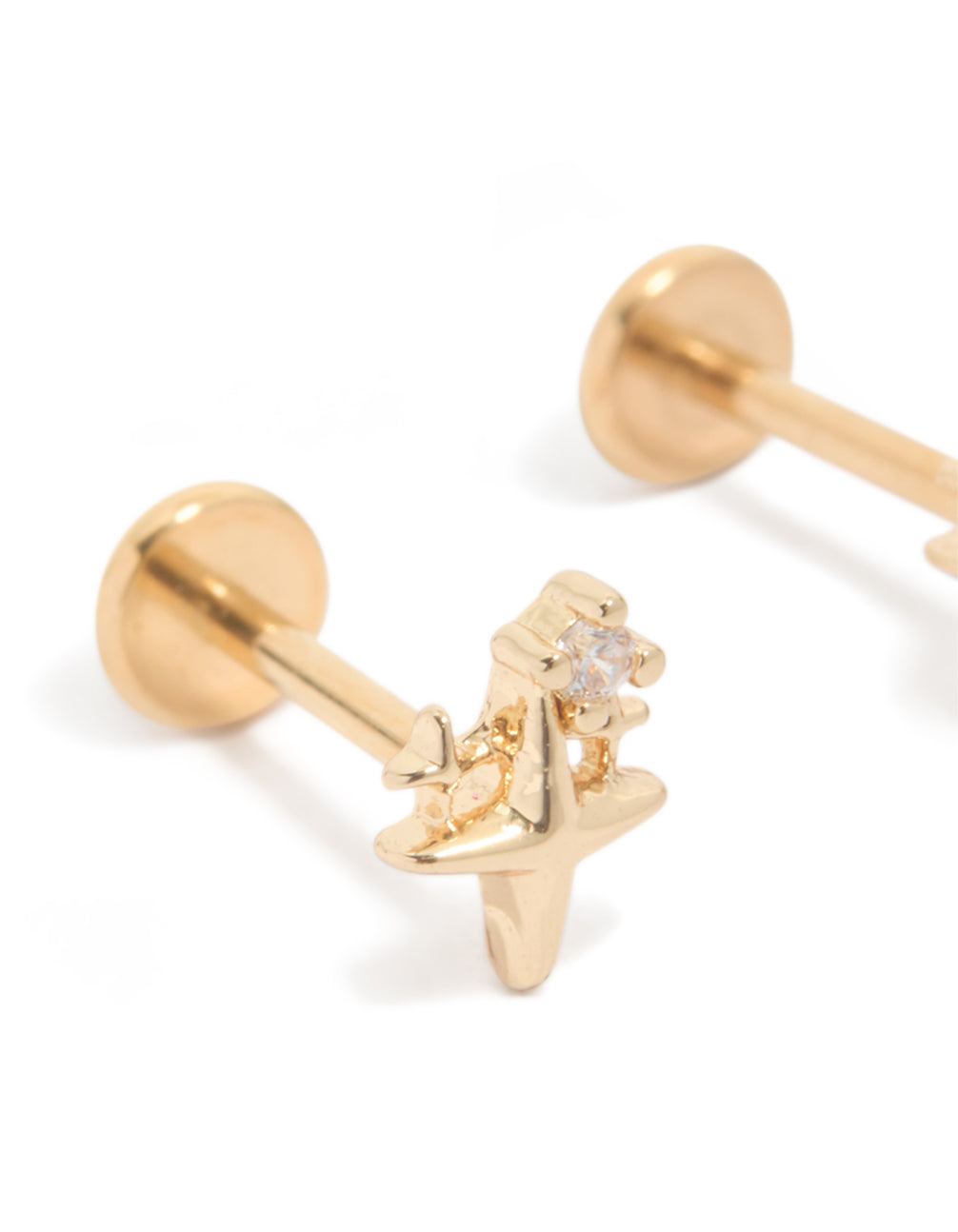 Showcasing dainty celestial stud earrings in gold plated titanium featuring cubic zirconia stones and flat back closure in a close up view