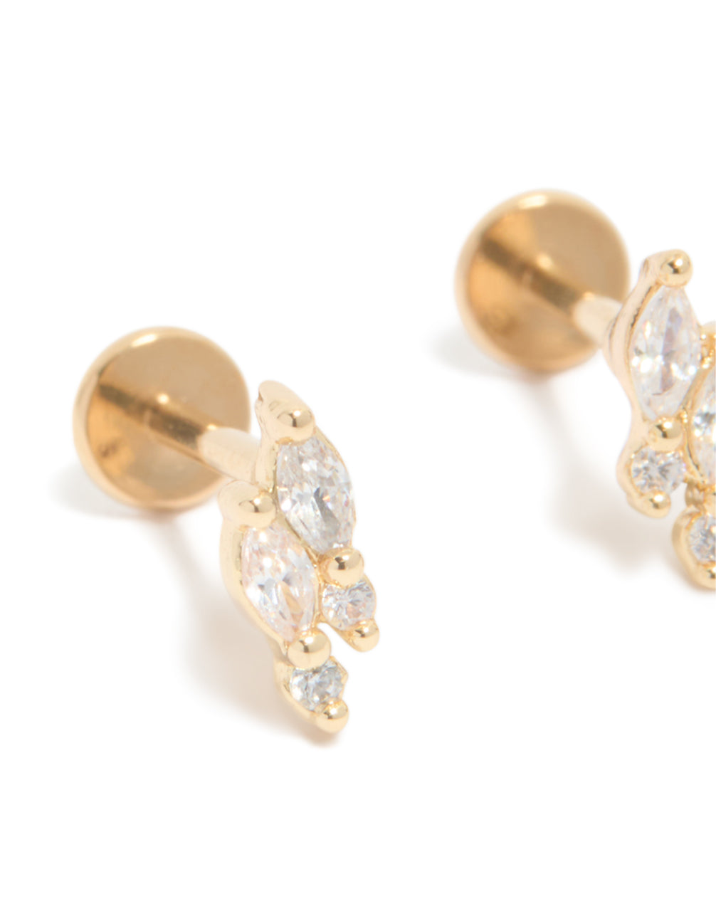 Beautiful gold plated titanium, cubic zirconia, marquise cluster studs with flat back in a close up view