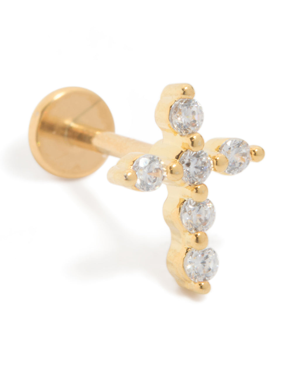 Featuring gold plated titanium and cubic zirconia cross studs with flat back in a close up view