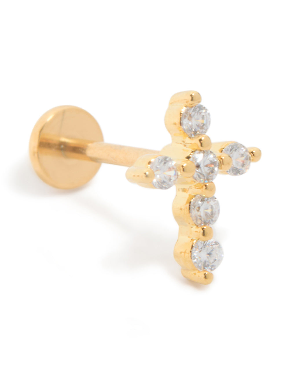 Featuring gold plated titanium and cubic zirconia cross studs with flat back in a close up view